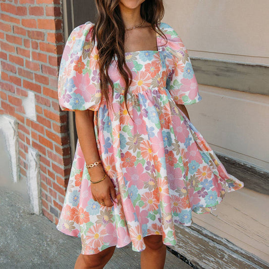 Floral printed backless short-sleeved dress