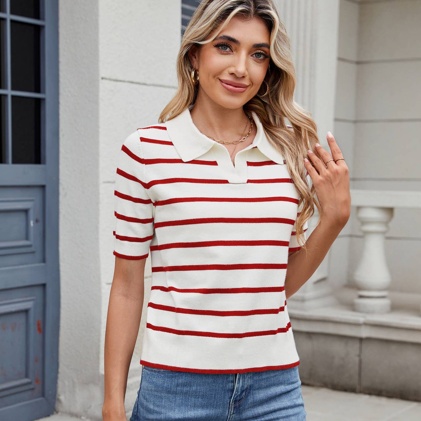 CASUAL COLOR STRIPED SWEATER WITH LAPEL NECK