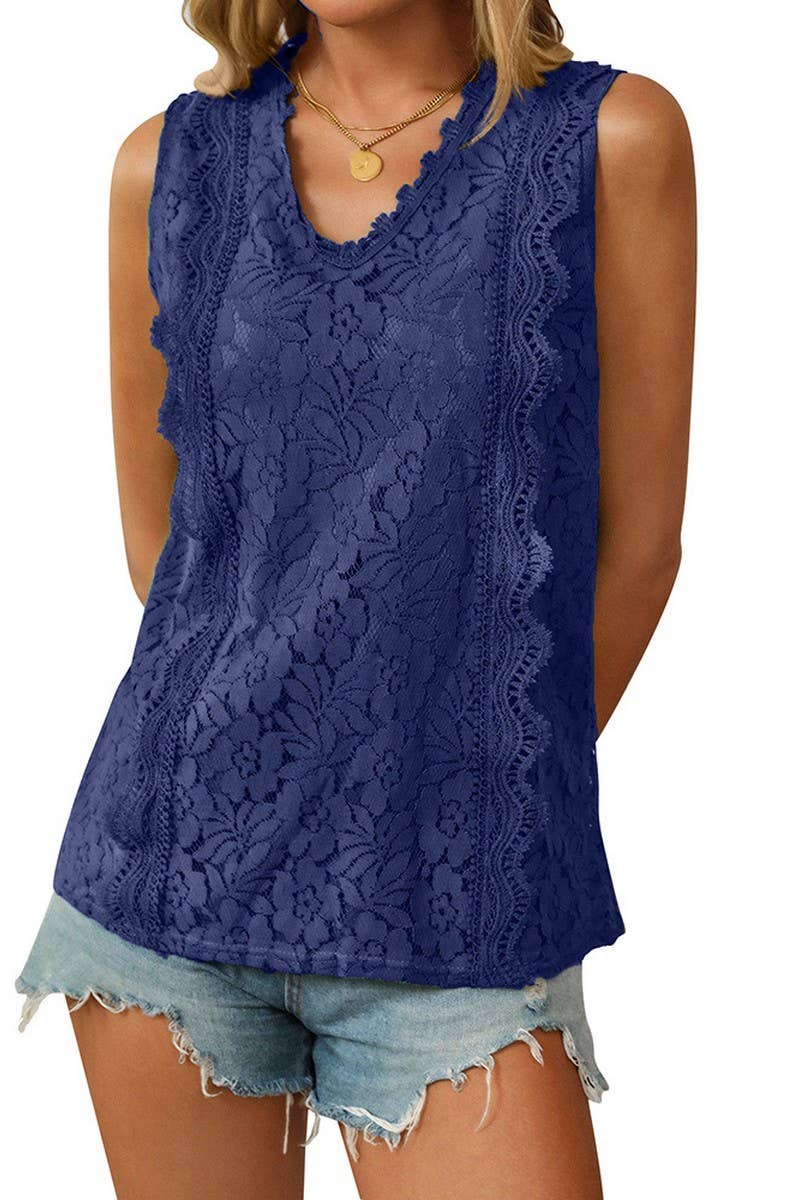 CWTBLSL0672_V-NECK LACE SLEEVELESS VEST TOP