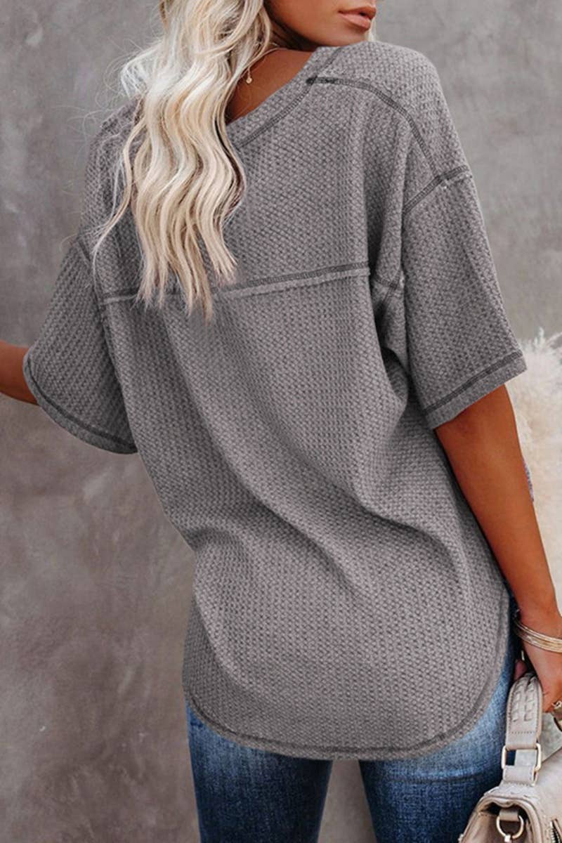 CWOSWS0099_KNIT V-NECK BAT-SLEEVED LOOSE MID-SLEEVED TOP