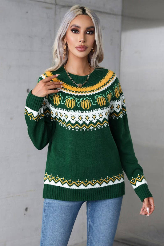 CWOSWL5755_HALLOWEEN CREW NECK FESTIVE KNIT SWEATER