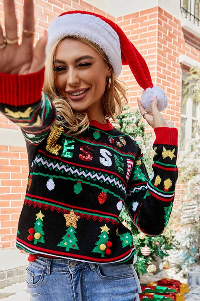 CWOSWL2487_CHRISTMAS TREE SEQUINED CHRISTMAS SWEATER