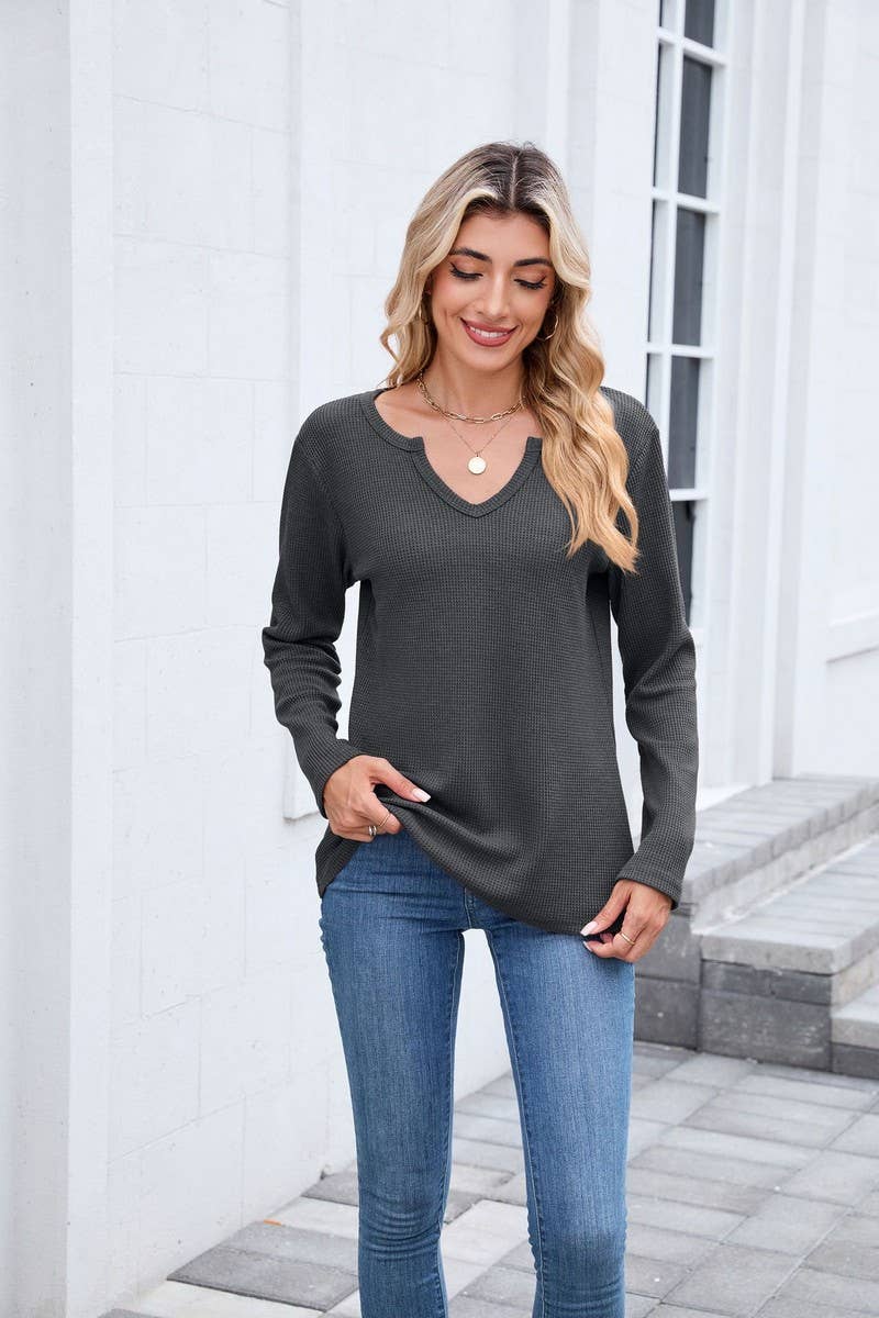 CWTBLL01294_V-NECK WAFFLE LONG-SLEEVED LOOSE T-SHIRT TOP