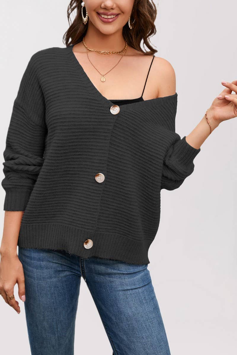 CWOSWL6850_AUTUMN AND WINTER V-NECK CASUAL KNITTED JACKET