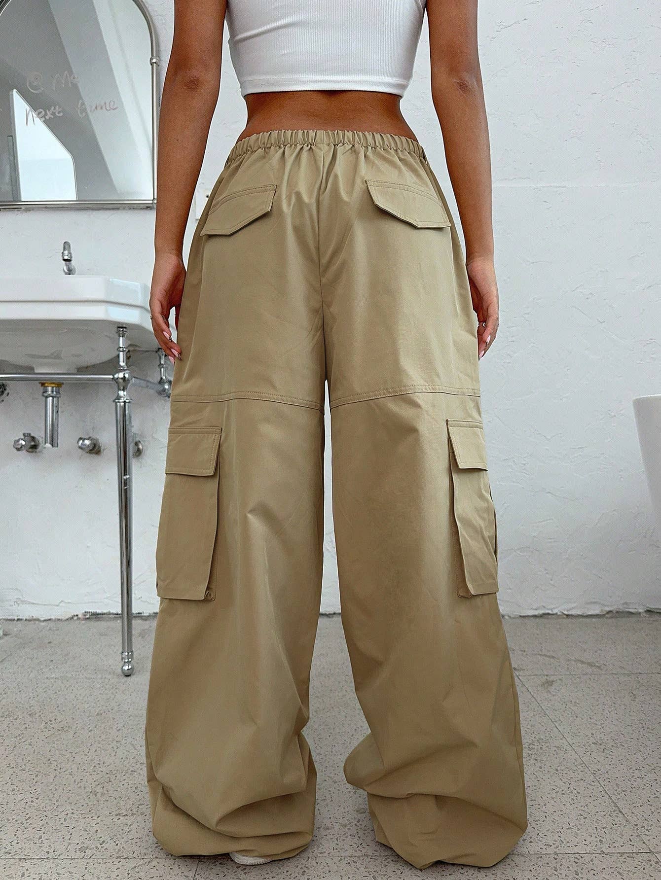 ELASTIC WAIST FUNCTIONAL WIDE LEG PANTS