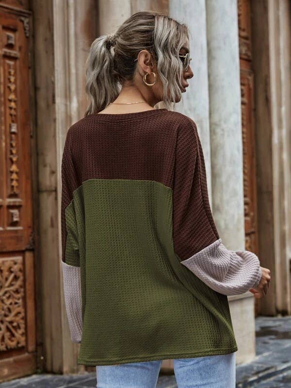 COLOR CONTRAST PATCHWORK LONG-SLEEVED CASUAL TOP