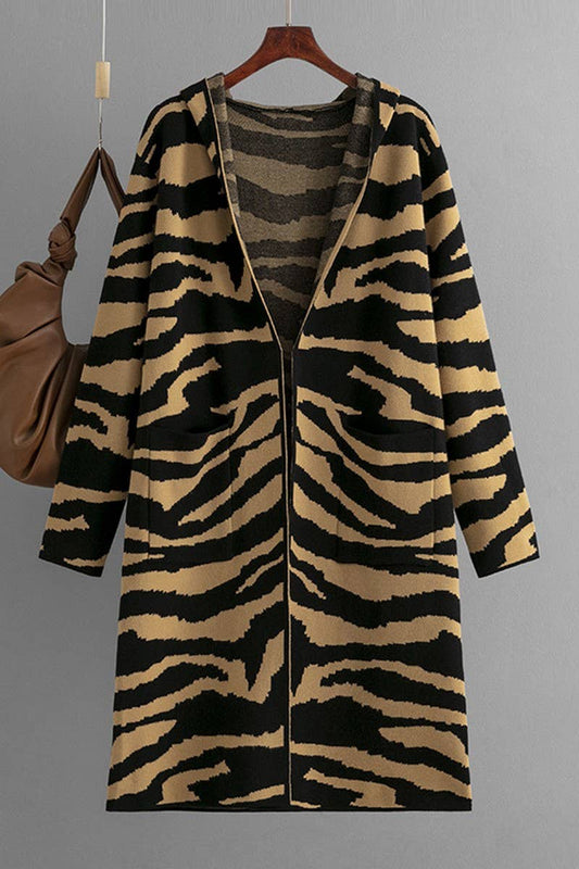 CWOCAL00679_V NECK HOODED ZEBRA PRINT LONG CARDIGAN