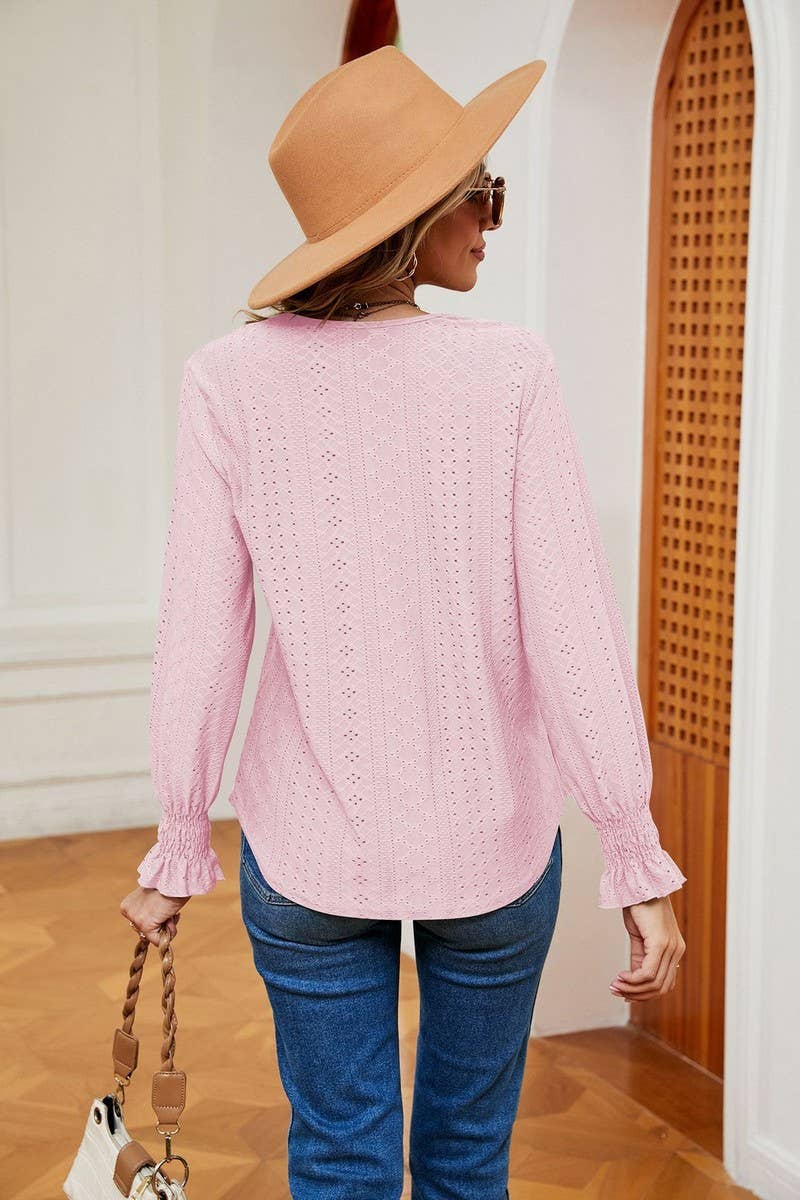CWTBLL2389_V-NECK LACE STITCHING LONG-SLEEVED PULLOVER