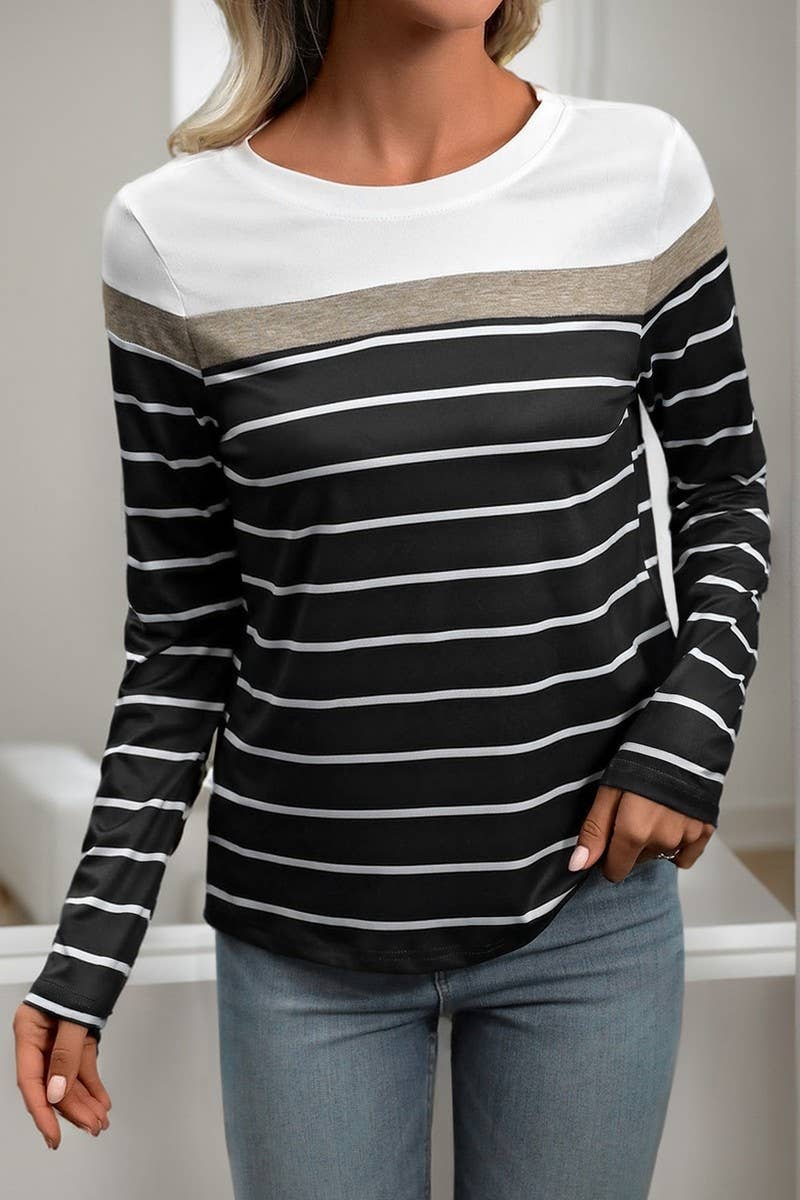 CWTBLL3573_2025 NEW STYLE SPLICING LONG SLEEVE STRIPED T-SHI