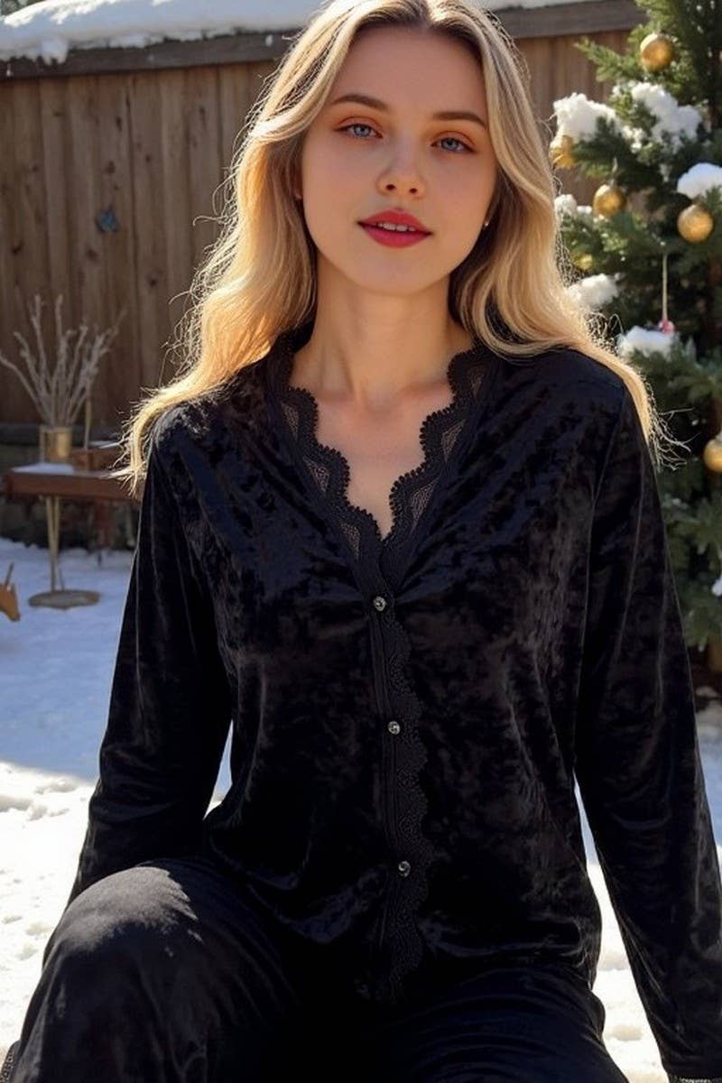 CWSPJ0419_VELVET LACE PAJAMA SET WITH PEARL BUTTON DETAIL