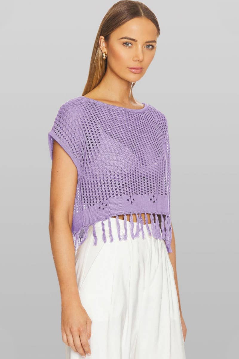 CWTBLS0743_KNITTED CREW NECK SHORT SLEEVE BEACH FRINGE TOP