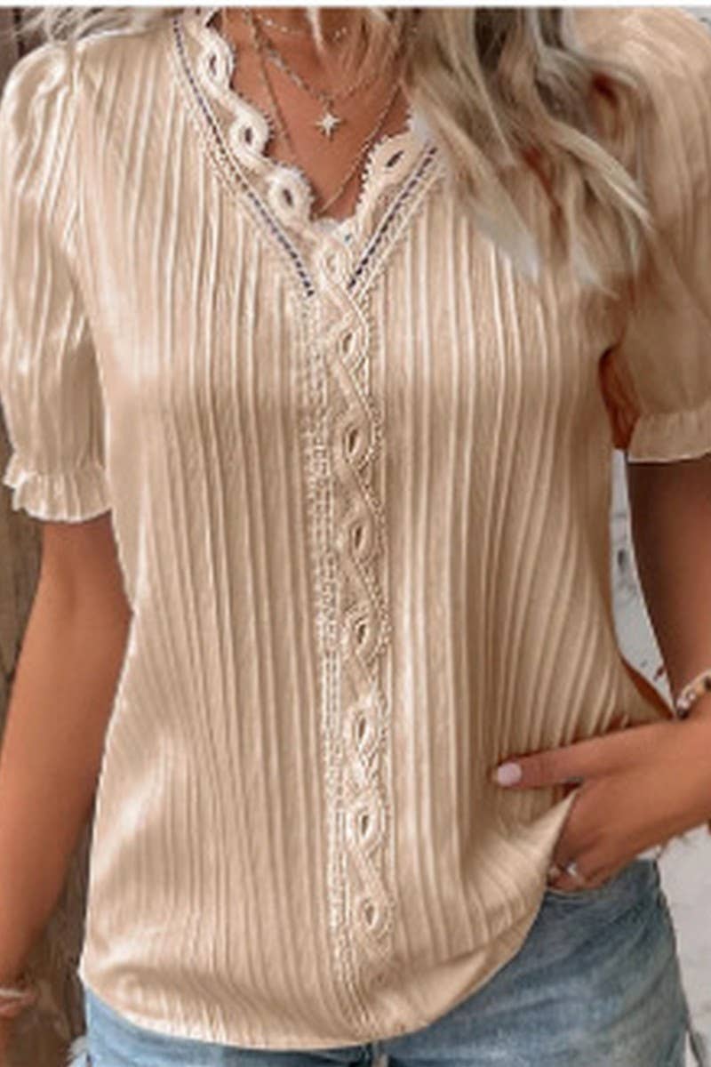 CWTBLS1468_SOLID COLOR V-NECK HOLLOW SHORT-SLEEVED SHIRT