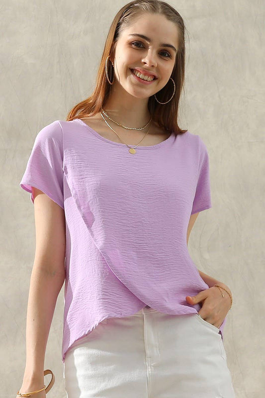 CWTBLS036-S_ROUND NECK SHORT SLEEVE TUNIC BLOUSE TOP