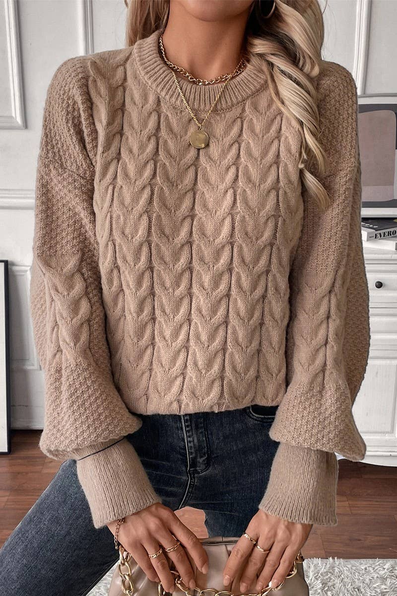 CWOSWL07456_CREW NECK SOLID CABLE KNIT LOOSE SWEATER