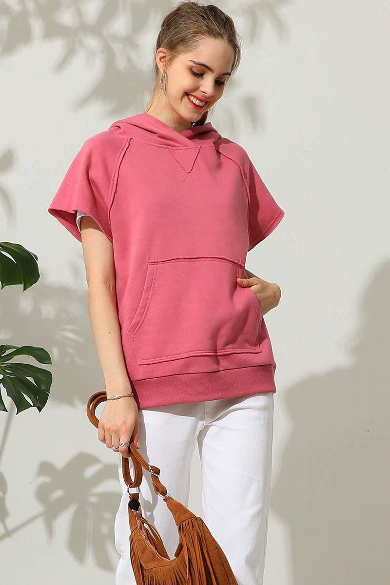 CWOHOS010_SHORT SLEEVE HOODIE SWEATSHIRT KANGAROO POCKET