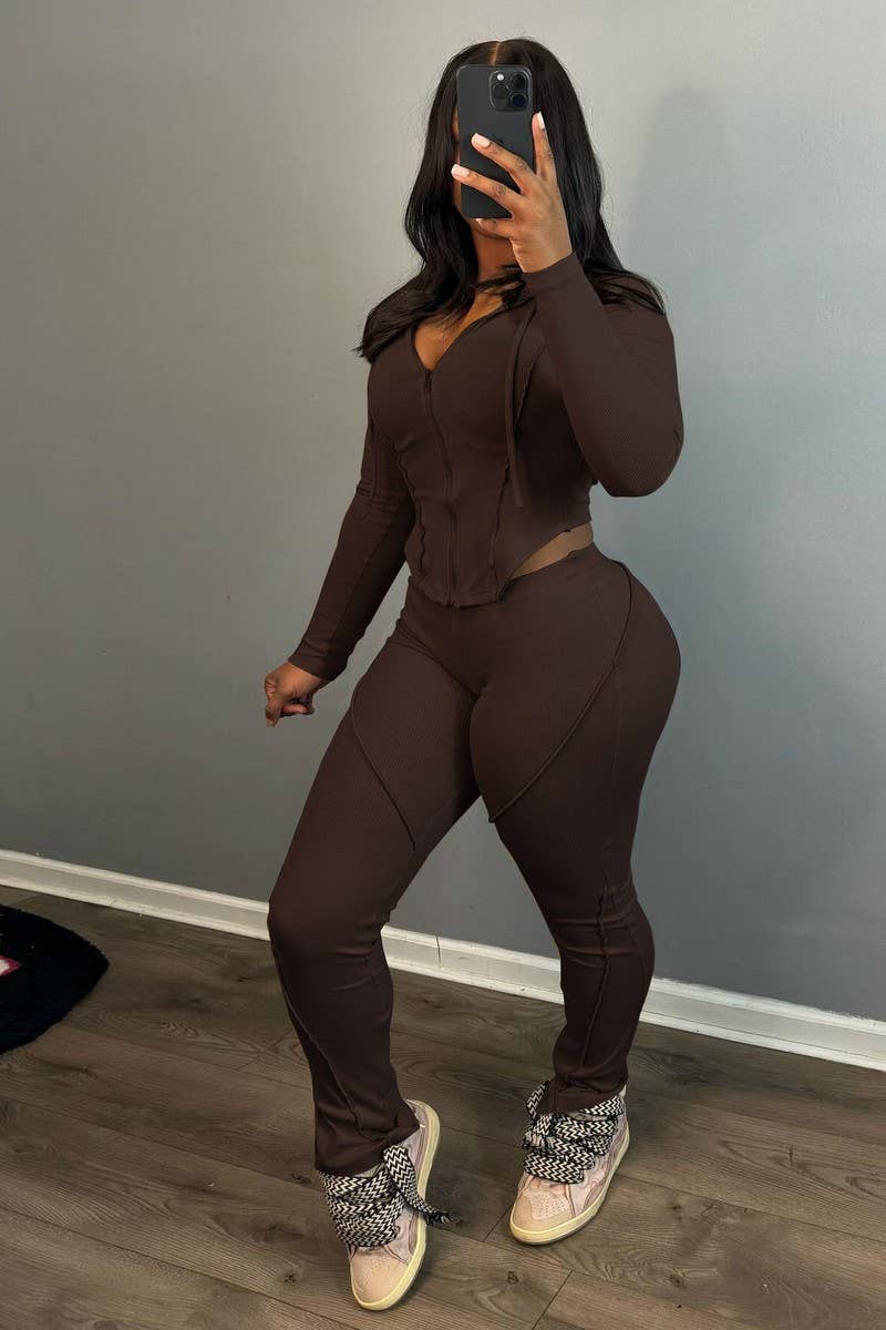 CWSTB1492_HOODED ZIPPER LONG SLEEVE PANTS TWO-PIECE SET