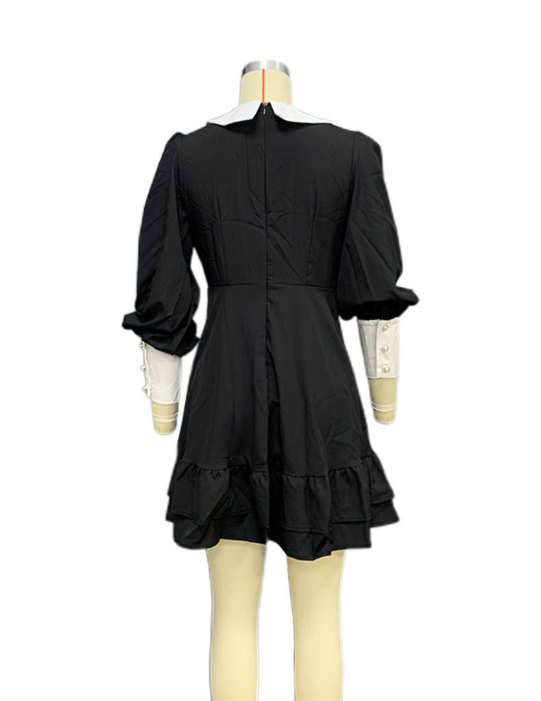 COLOR MATCHING LAPEL GIRL STYLE BAG HIP DRESS