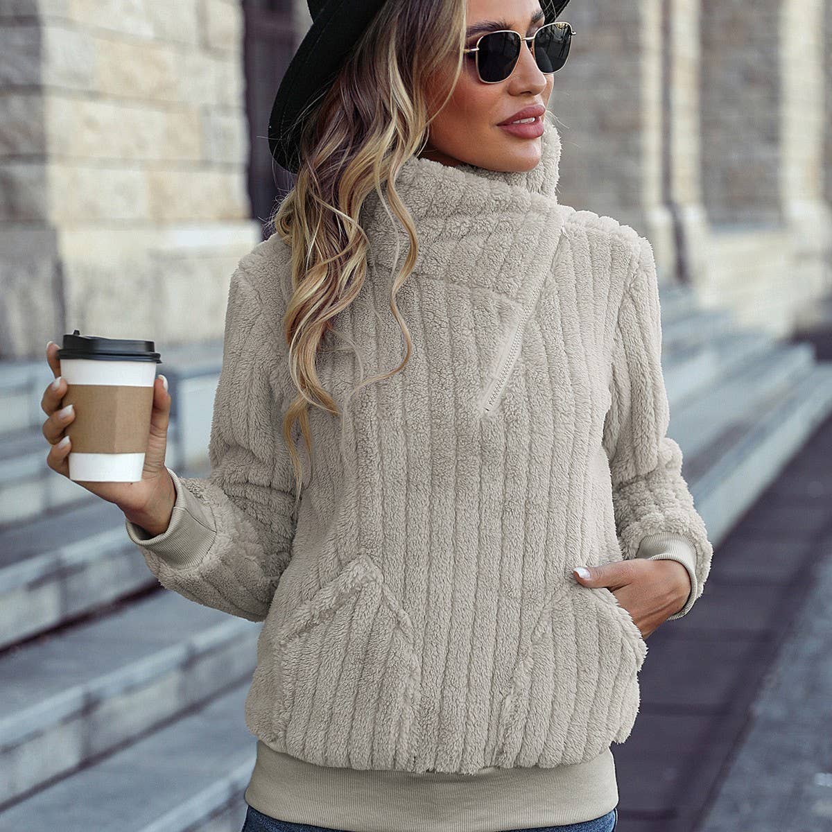 Crew-neck long sleeve zipper strip hoodie