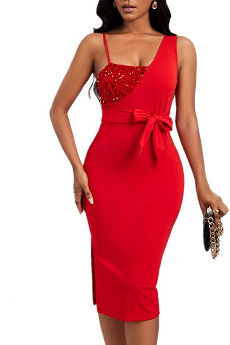 CWDSD7145_SOLID COLOR SEQUIN BELT EVENING GOWN DRESS