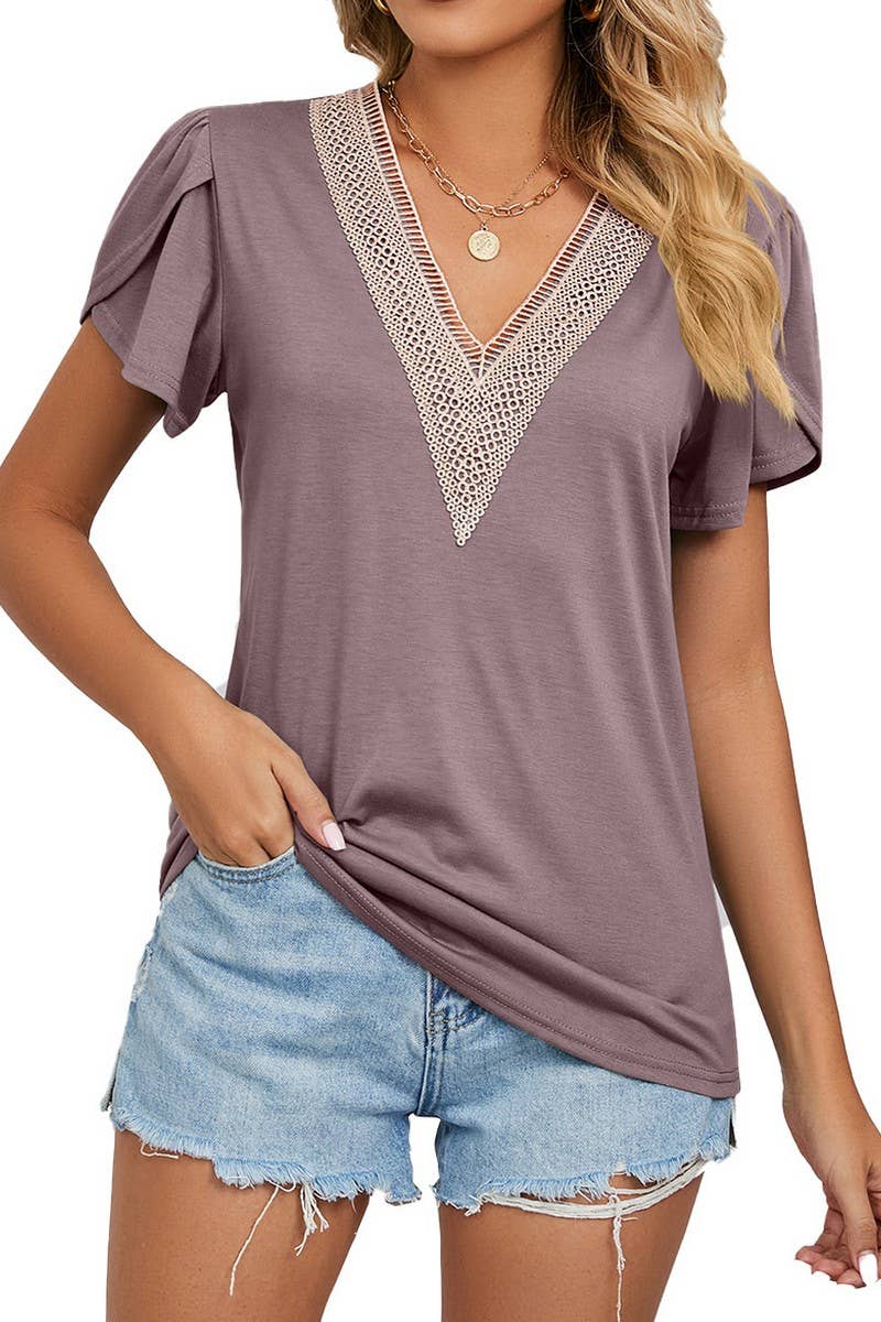 CWTTS1353_SUMMER GOLD LACE V-NECK SHORT SLEEVE T-SHIRT