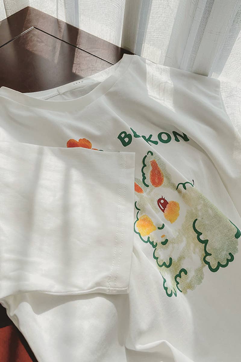 CWTTS1002_CUTE BUNNY PRINT CREW NECK T SHIRT