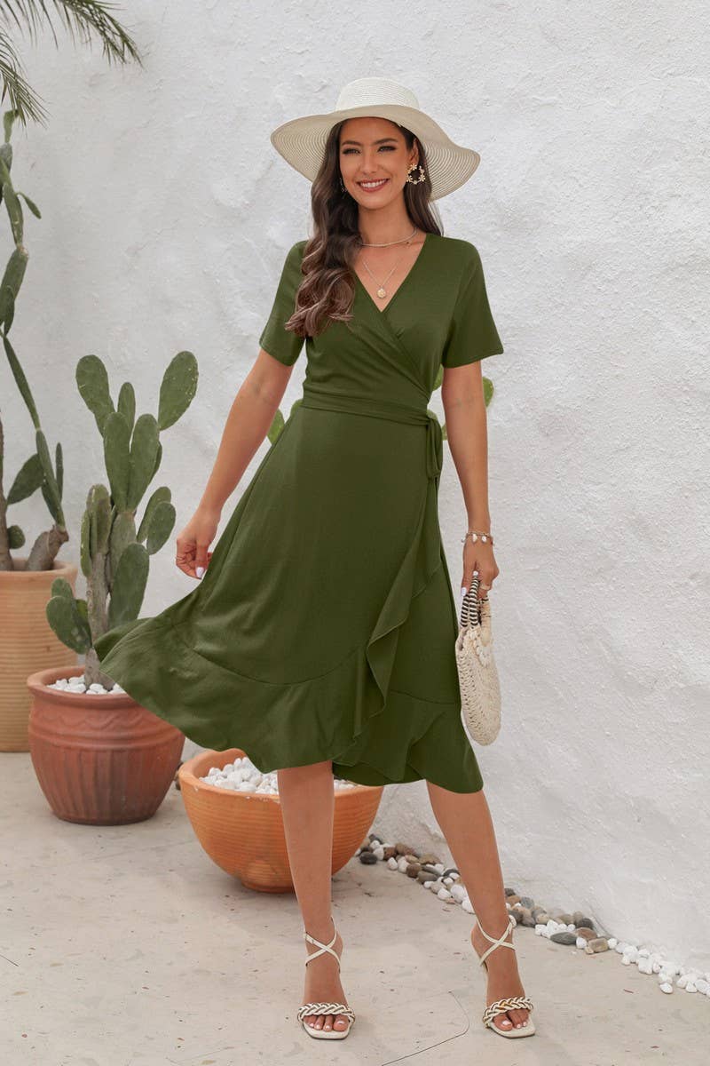 CWDMD2151_SOLID COLOR V-NECK HIGH WAIST BELTED DRESS