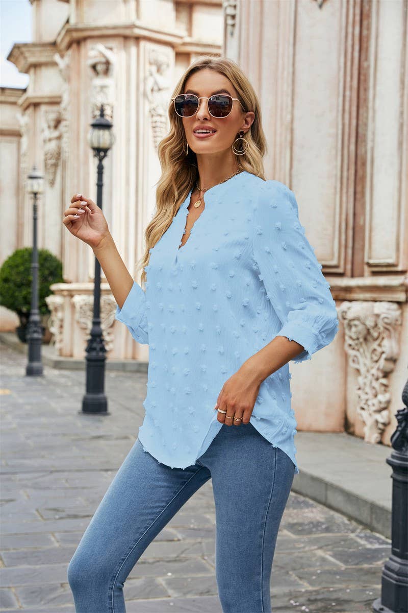 CWTBLL0802_FUR BALL CASUAL CHIFFON MID SLEEVE TOP