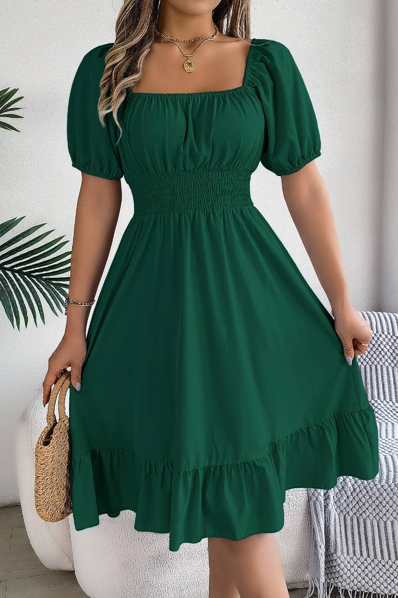 CWDSD4632_SQUARE NECK SHORT SLEEVE WAIST PEPLUM DRESS