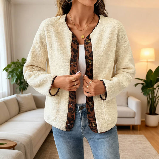 Casual polar fleece leopard print color cardigan