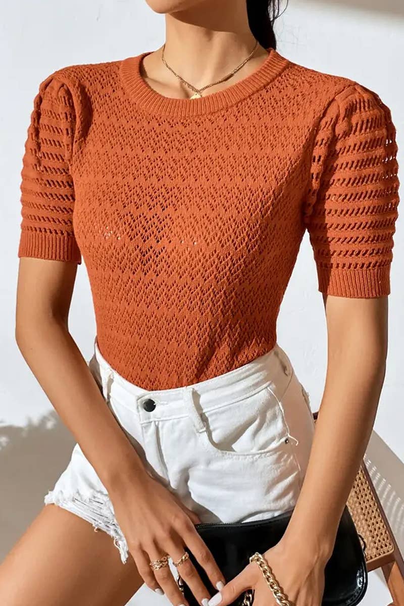 CWTBLS1766_SPRING AND SUMMER HOLLOW SOLID COLOR PULLOVER TOP