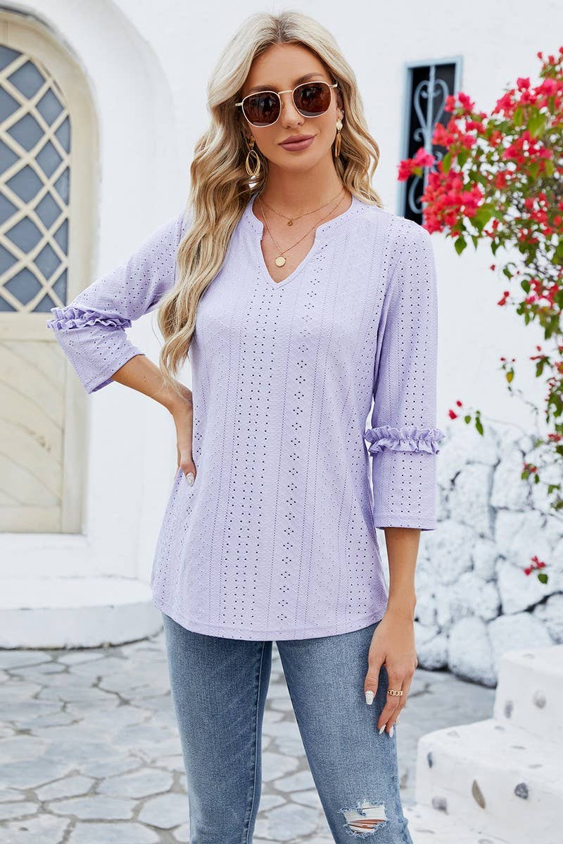 CWTTS0763_3/4 Sleeve Ruffle Detailed V-Neck  Blouse