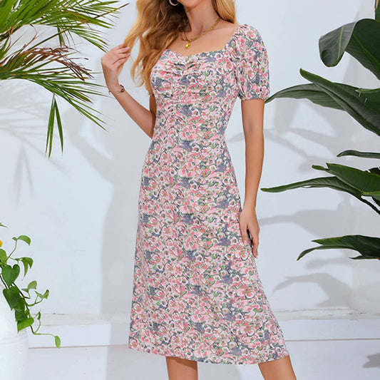 Boho Floral Square Neck Puff Sleeve Dress