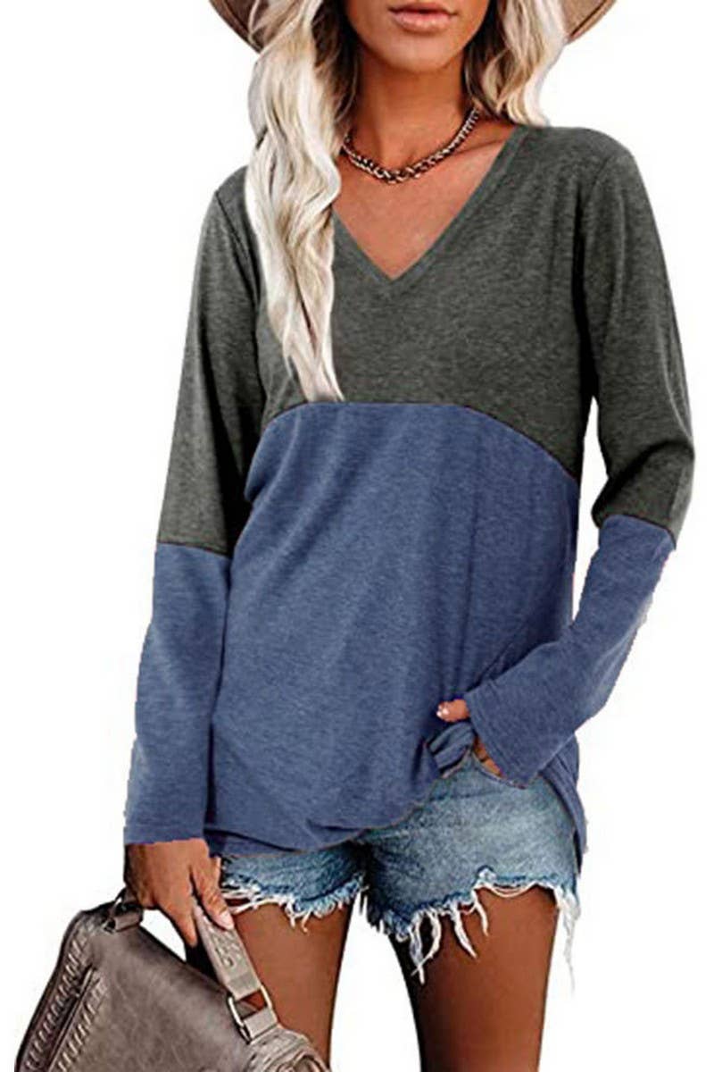 CWTBLL3689_CONTRAST COLOR V-NECK LONG-SLEEVED LOOSE TOP