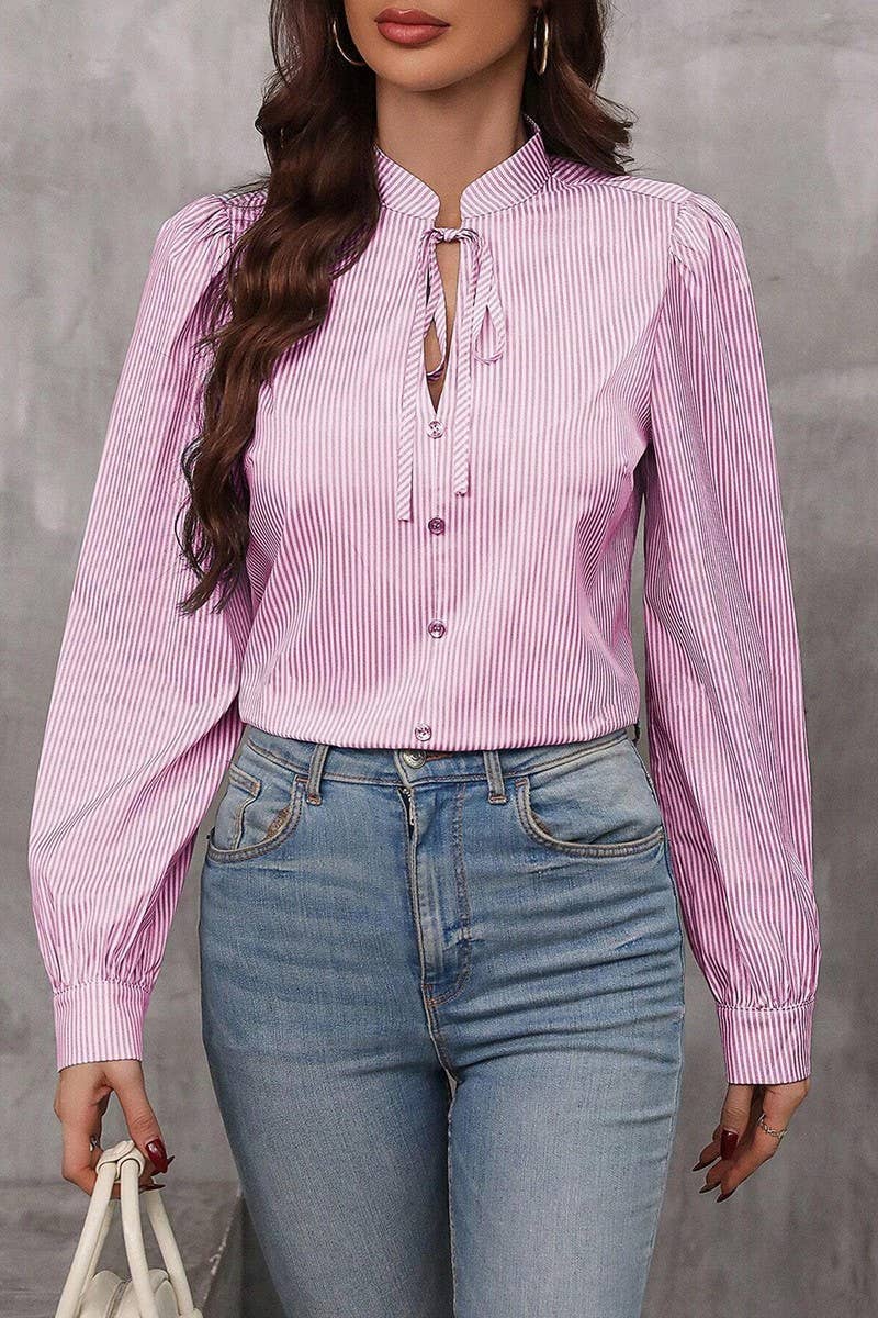 CWTBLL01287_HALF-OPEN COLLAR TIE LONG-SLEEVED STRIPED SHIRT