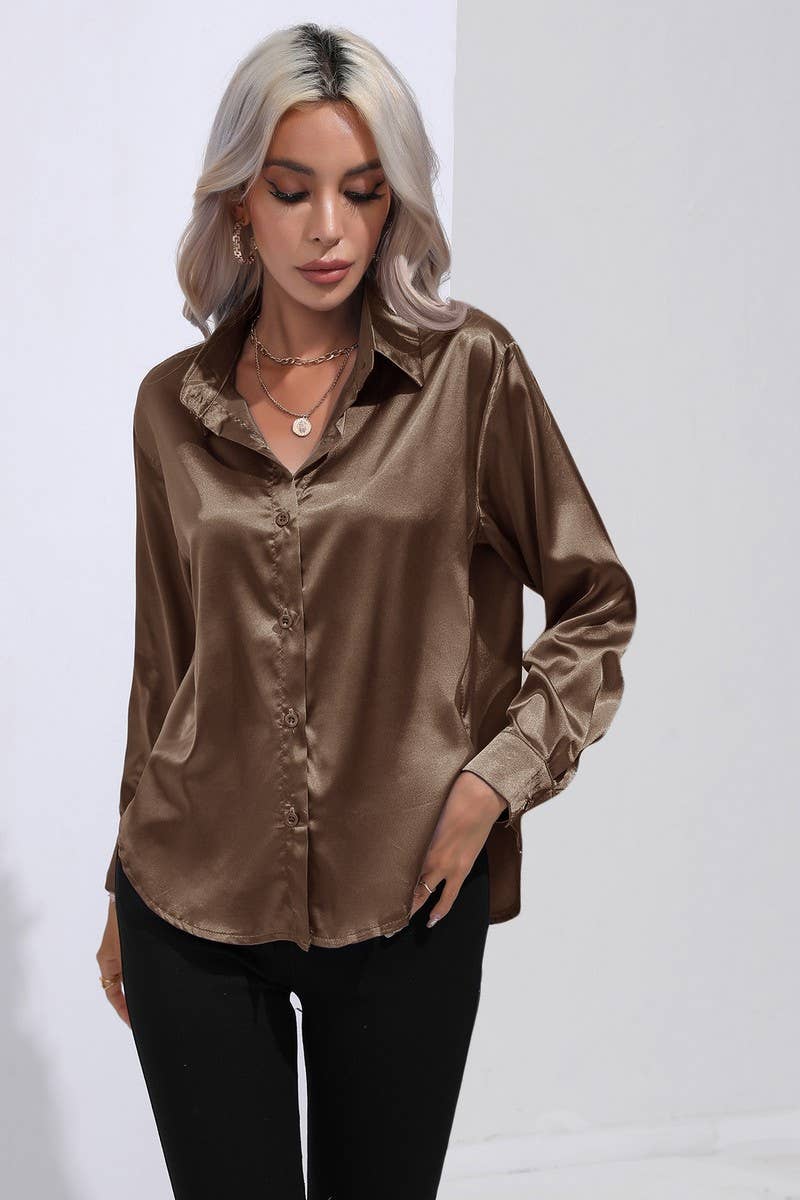 CWTBLL0690_Button Down Silky Satin Long Sleeve Top