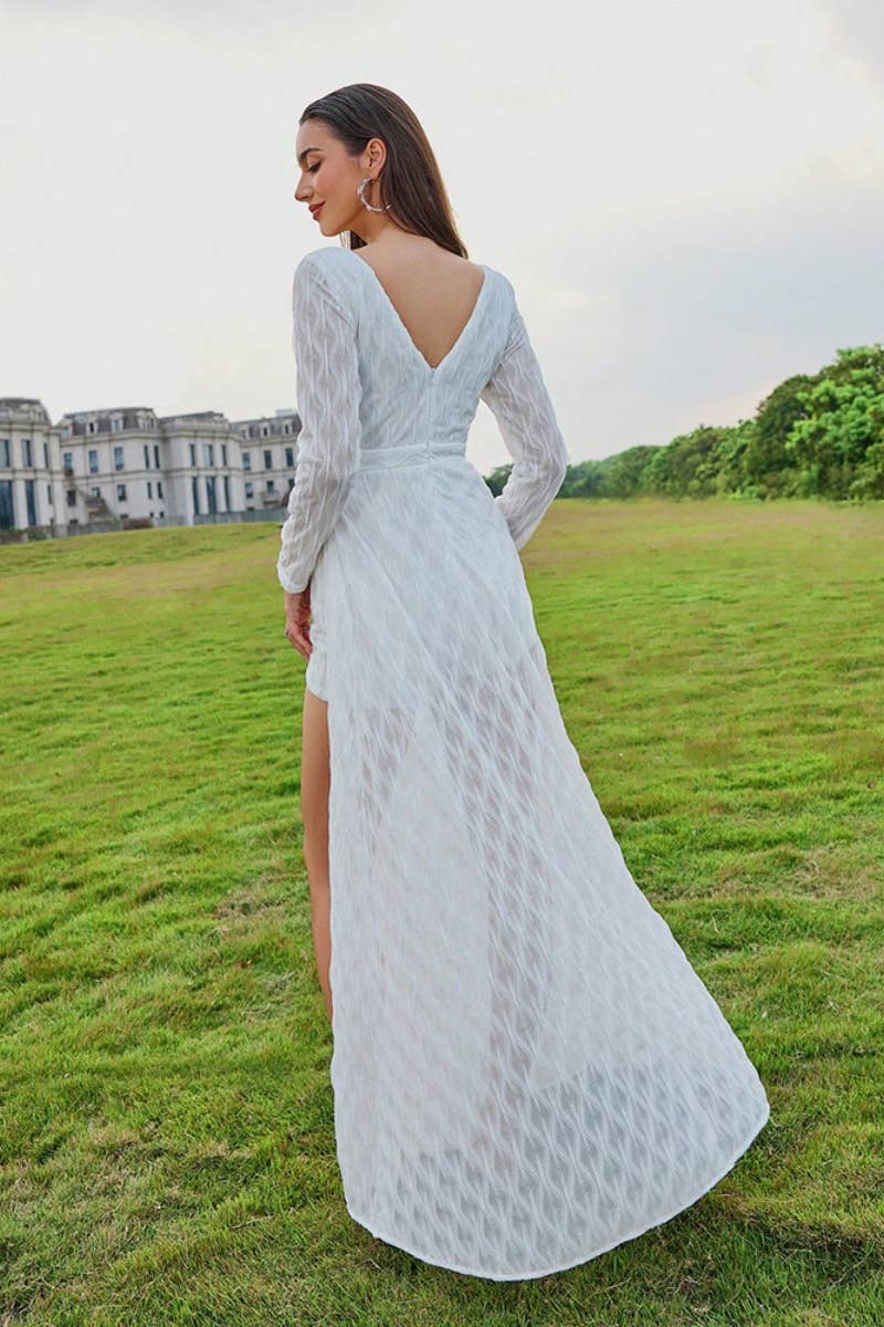 CWDMD2388_ELEGANT DEEP V MESH SPLIT DRESS DRESS LONG