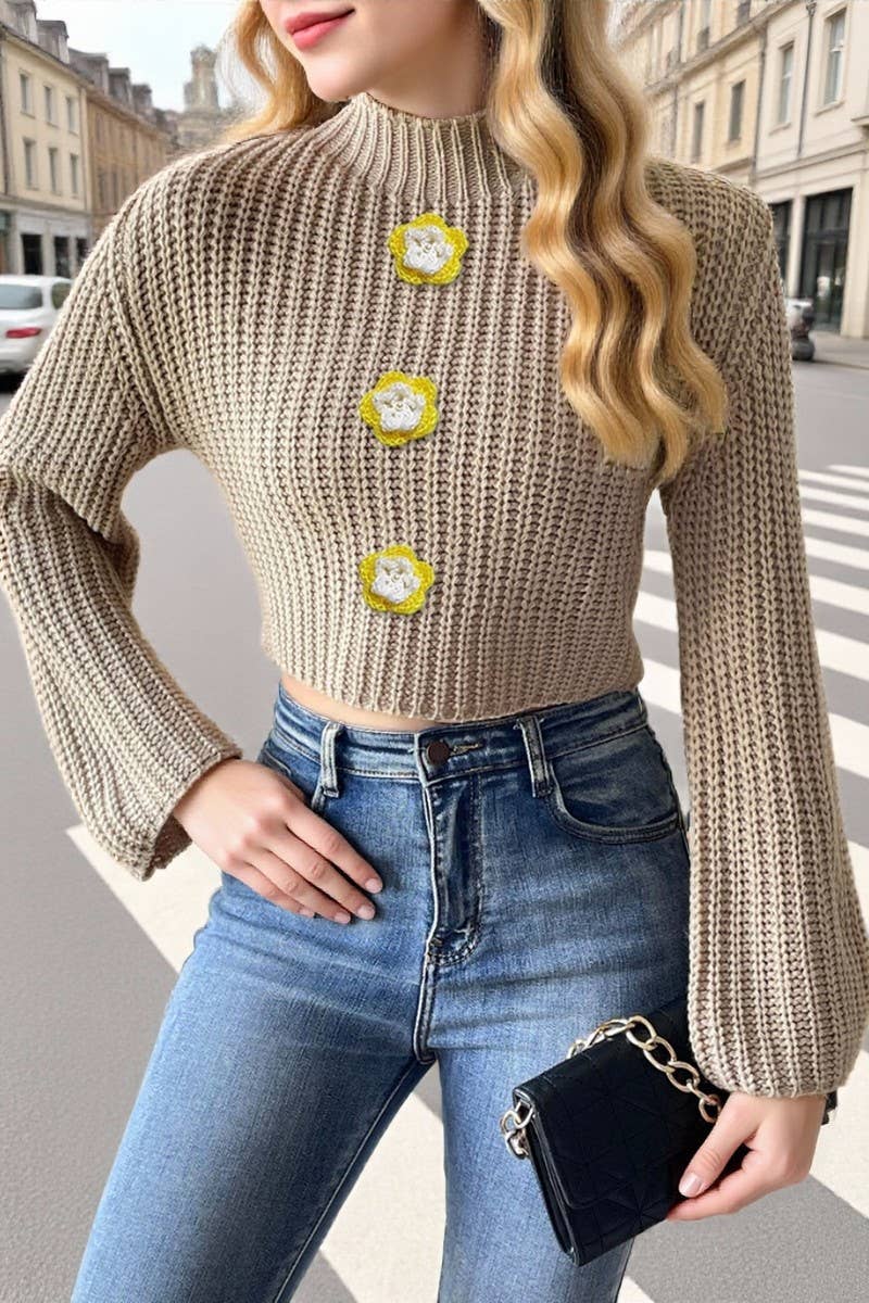 CWOSWL07408_WOMEN CROPPED KNIT SWEATER PEARL  FLARE SLEEVE