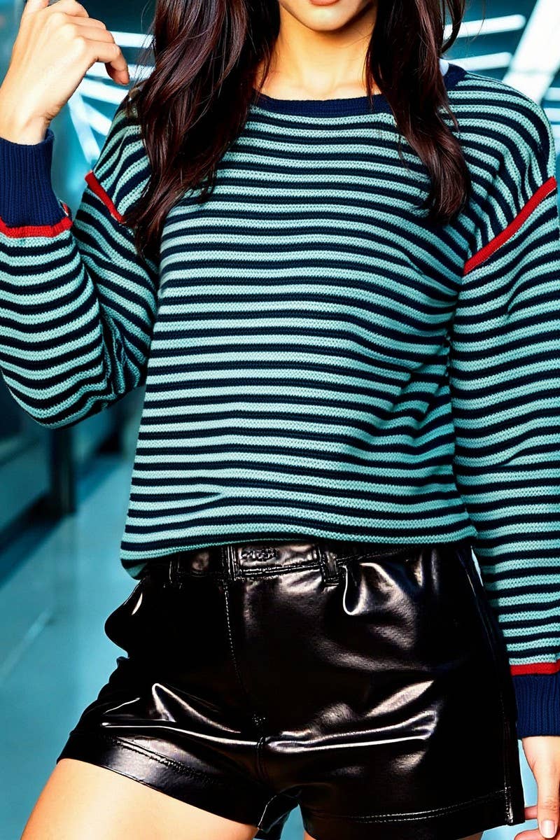 CWOSWL07084_STRIPED KNITTED CREW NECK LOOSE LONG-SLEEVED TOP