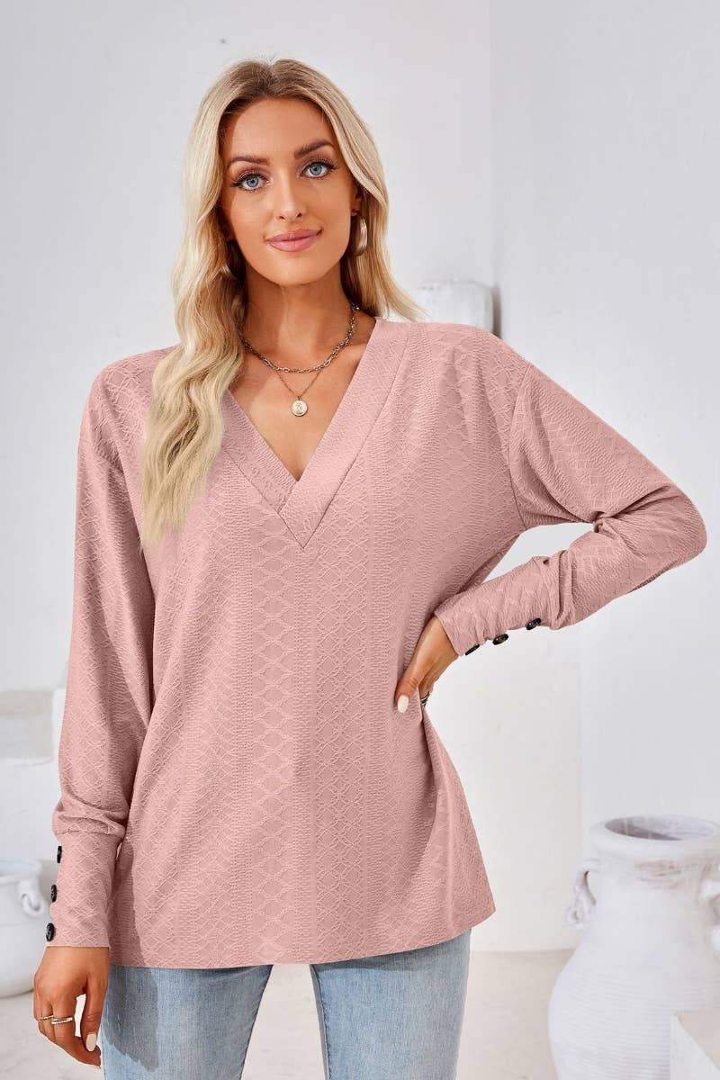 CWTBLL2806_SOLID COLOR V-NECK LONG SLEEVE BUTTON-UP TOP