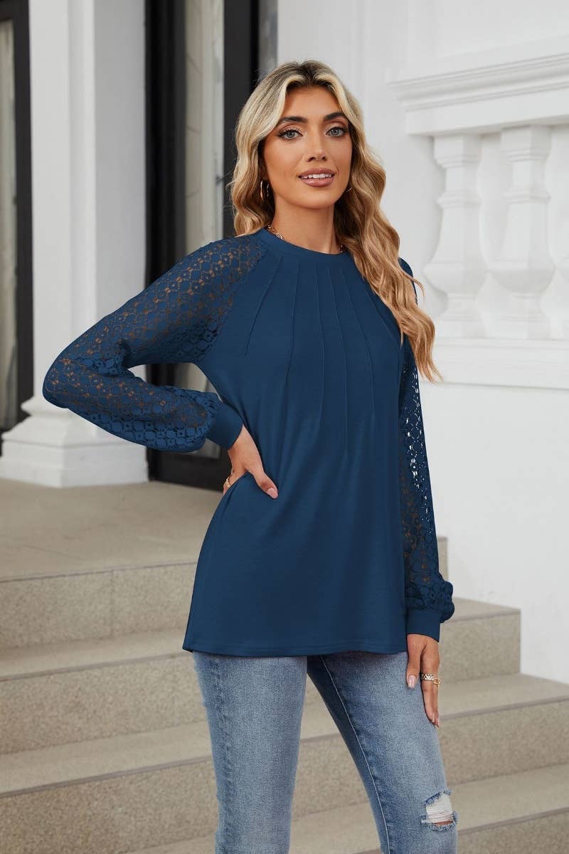 CWTBLL2860_CREW-NECK LACE PATCHWORK LONG-SLEEVED TOP