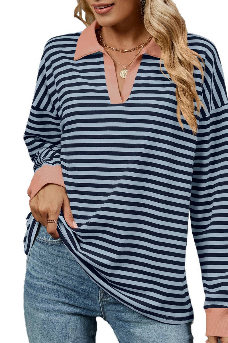 CWTBLL2361_CONTRAST COLOR LAPEL LOOSE STRIPED SWEATSHIRT