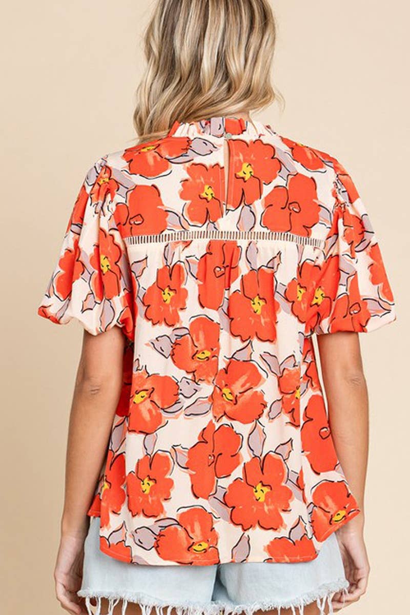 CWTBLS1376_ROUND NECK FLORAL PRINT SHORT-SLEEVED CASUAL TOP