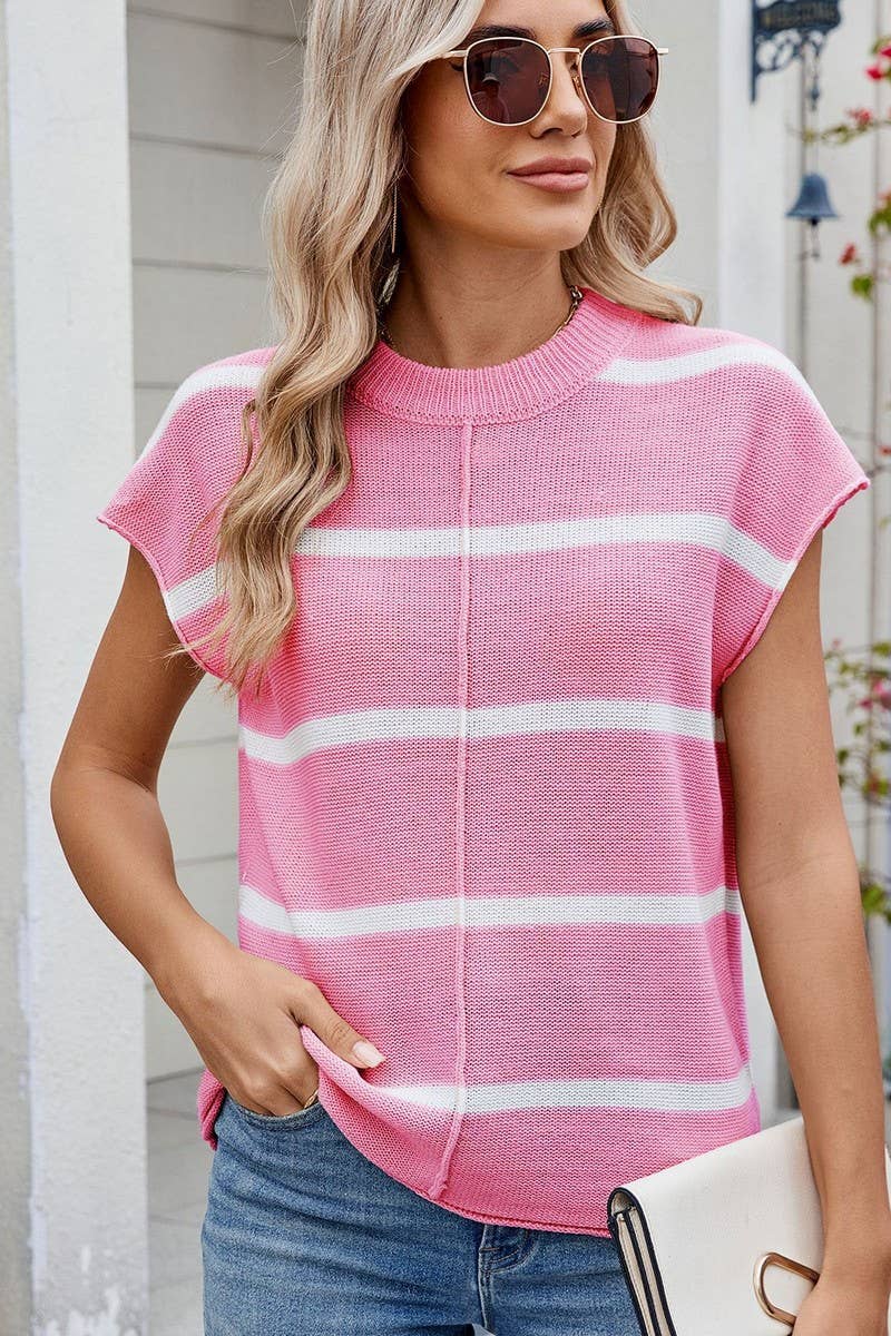CWTBLS02499_STRIPED CREW NECK SLEEVELESS KNIT TANK