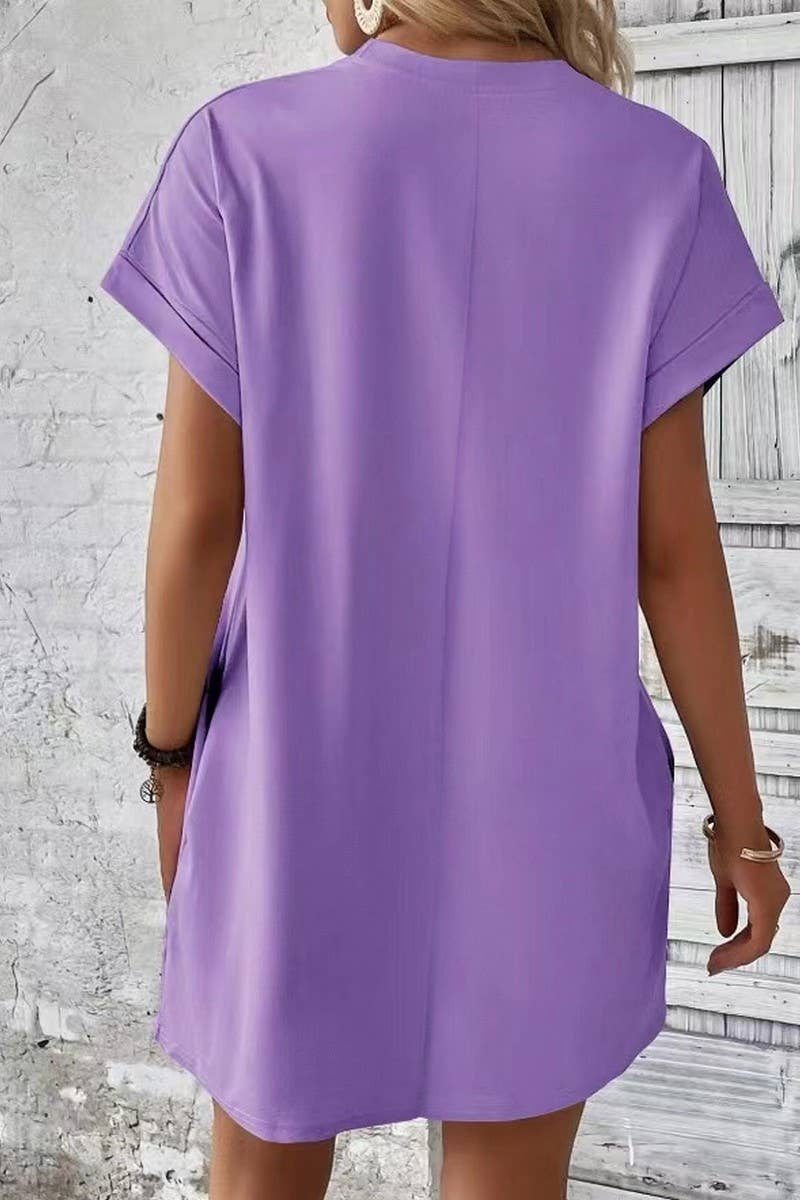 CWDSD3628_SOLID COLOR ROUND NECK LOOSE POCKET SHORT DRESS