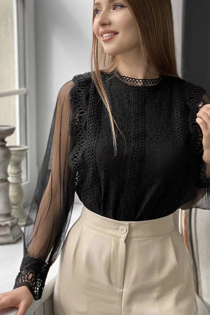 CWTBLL3857_SHEER MESH PUFF SLEEVE LACE BLOUSE