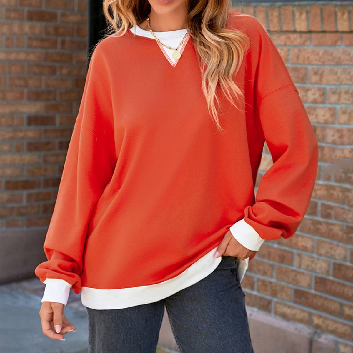 COLOR CONTRAST PATCHWORK CREW NECK PULLOVER WOMAN