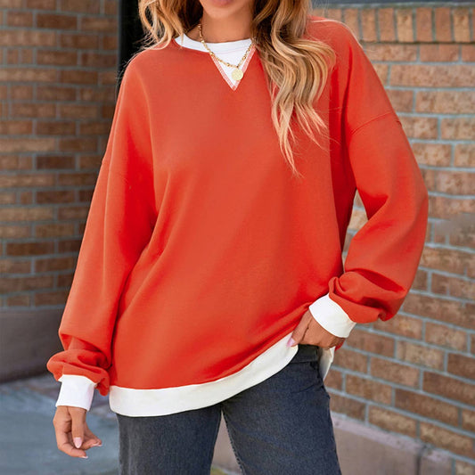 COLOR CONTRAST PATCHWORK CREW NECK PULLOVER WOMAN