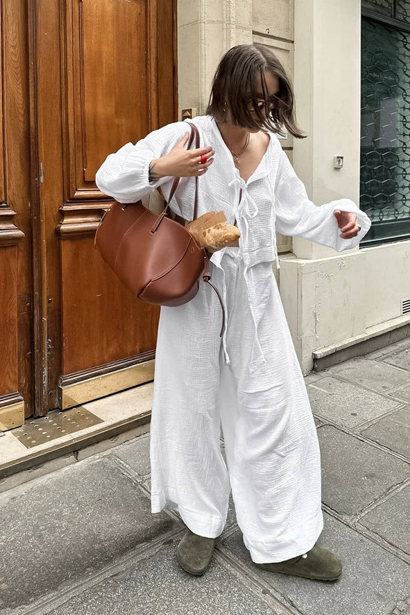 CWSPJ0095_LOOSE LACE UP LONG SLEEVED PANTS PAJAMAS SET