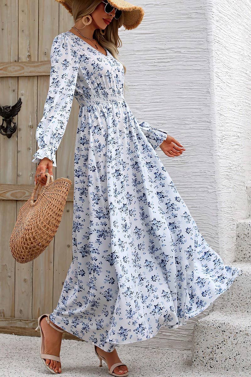 CWDMD4100_PRINTED V-NECK LONG-SLEEVED SWING DRESS