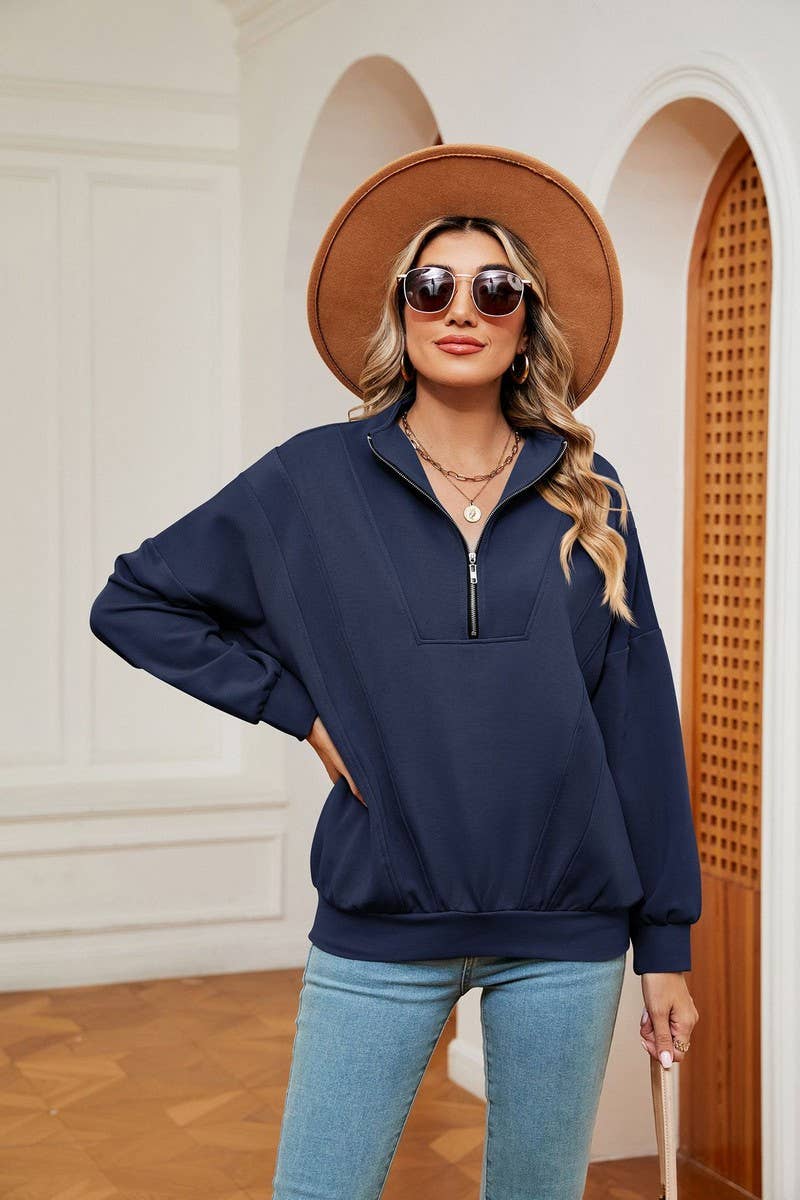 CWTBLL2399_ZIPPERED STAND COLLAR POCKET CASUAL SWEATSHIRT
